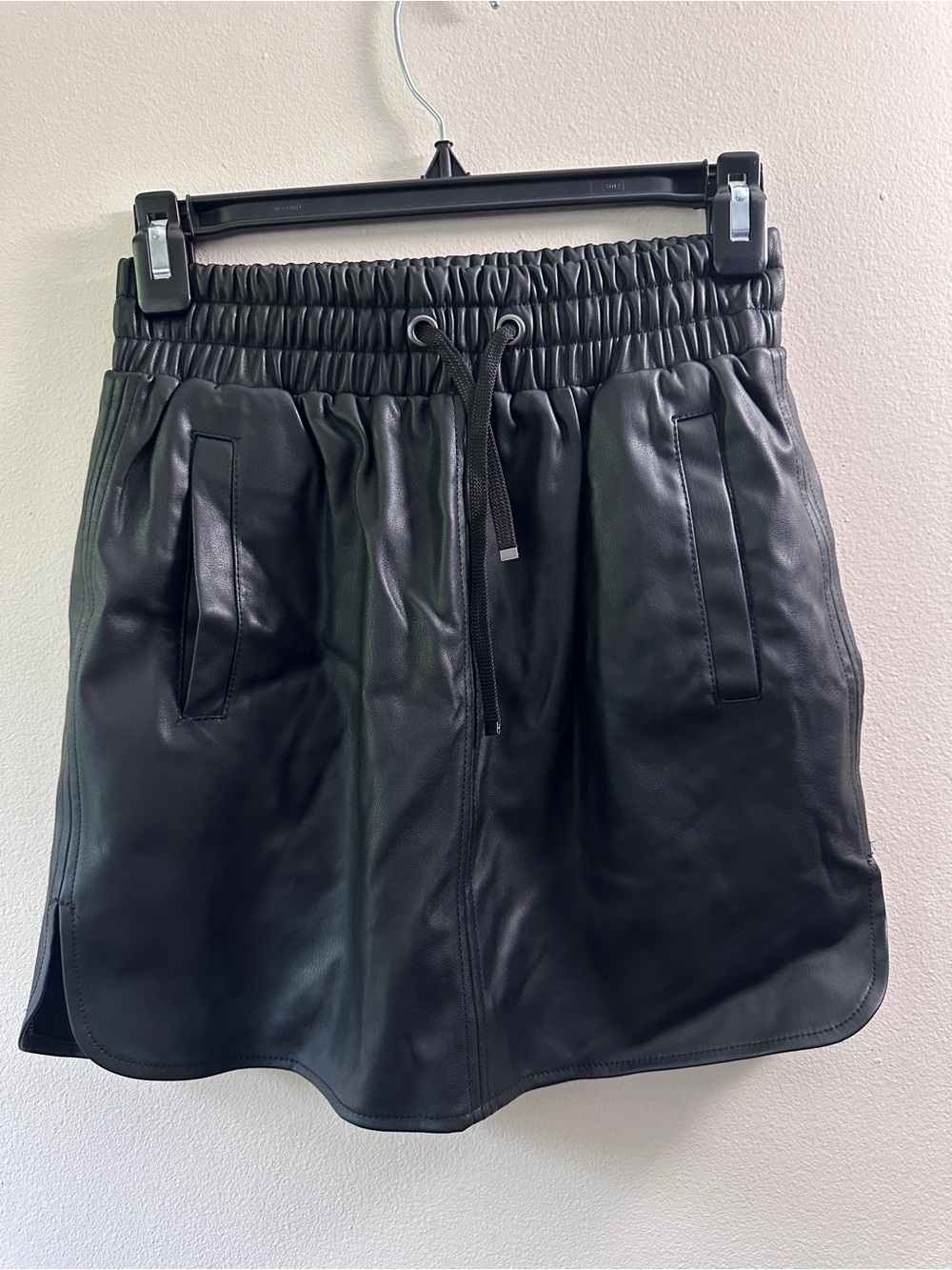 Topshop Black Faux Leather Drawstring Mini Skirt Size 2 Casual Edgy